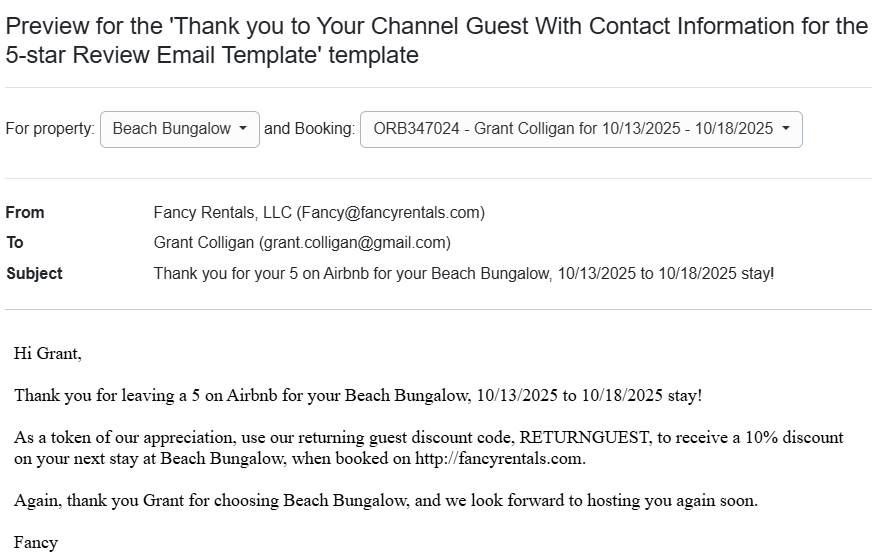 Thank you to Your Channel Guest With Contact Information for the 5-star Review Email Template Preview