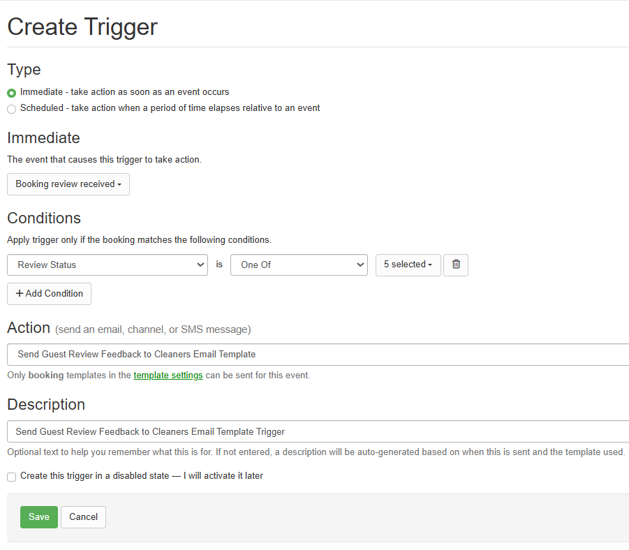 Send Guest Review Feedback to Cleaners Email Template Trigger Example