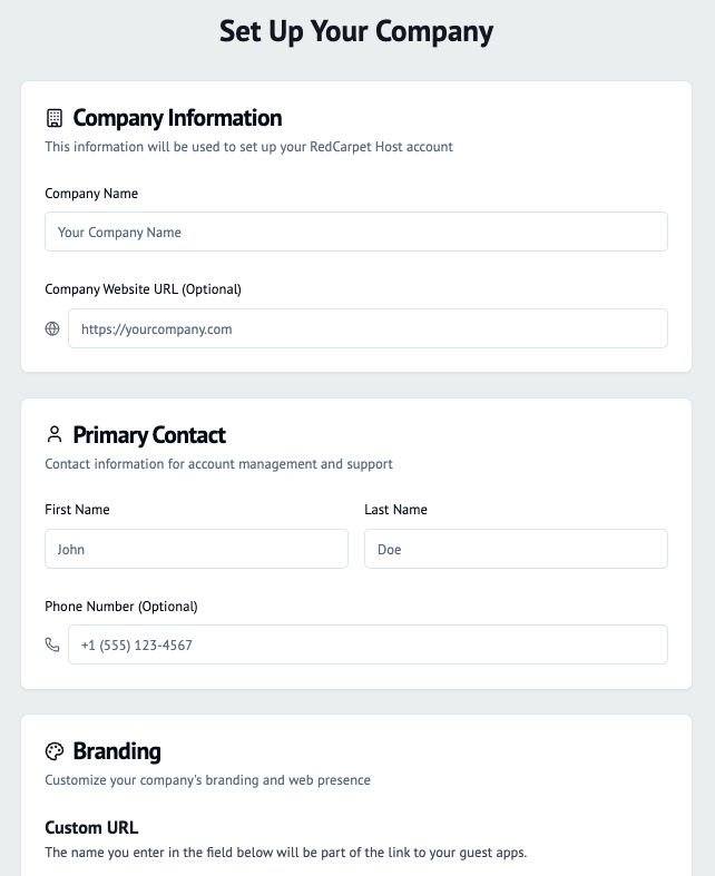 After completing the checkout, you’ll be asked to fill in your company details.