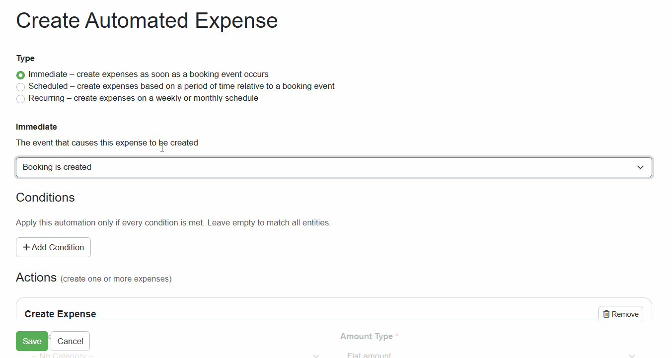 When creating a new automated expense, determine whether it will be immediate, scheduled, or recurring. The available options and events change depending on the type you select.  To add an automated expense, navigate to PM > Expenses > Automated Expenses.