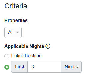 You can configure your taxes to only apply to&nbsp;the first night/s of bookings by navigating to Settings > Pricing > Taxes > and selecting the affected configured tax or + Create Tax > Criteria > Applicable Nights, selecting the First button, and entering the number of nights.