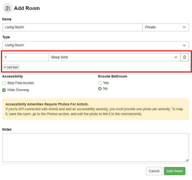 Add the Number of Beds and Type in the Bedroom by clicking the Offers sleeping? link, and you can remove Beds by clicking the trash can icon.