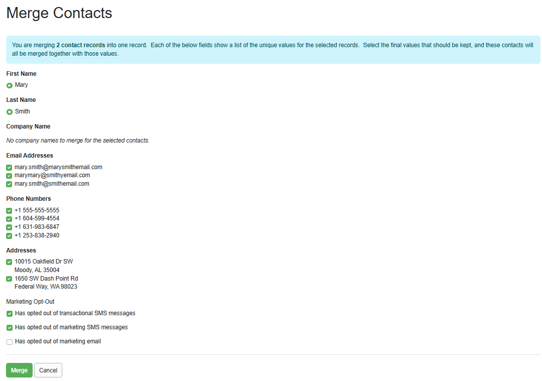 On the Merge Contacts page, review the details of the Guests you wish to merge, and click Merge.