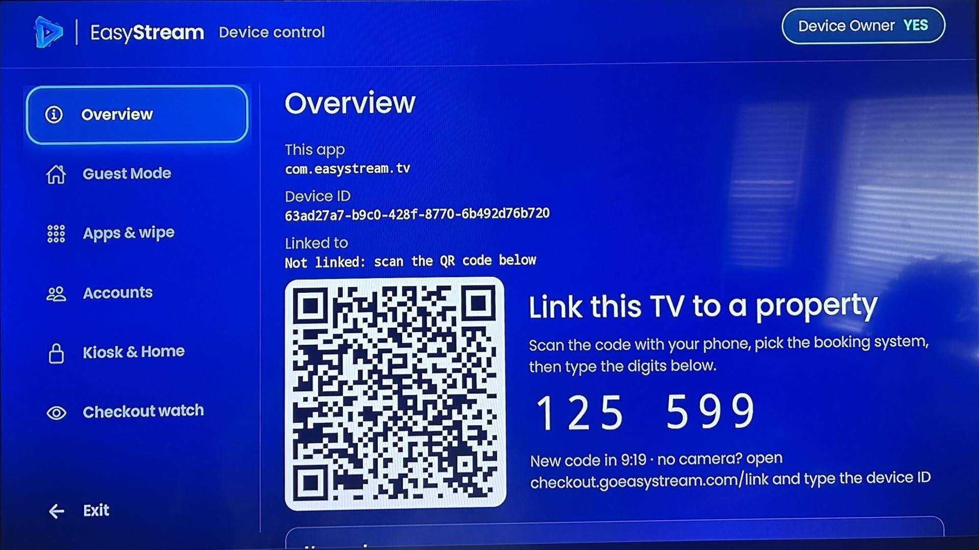 You connect your OwnerRez account to EasyStream yourself. Once it is connected, OwnerRez sends booking notifications to EasyStream.&nbsp;  Set up the TV. EasyStream runs on a Chromecast with Google TV; the setup guide takes 30 to 40 minutes per TV. In OwnerRez, check each property's check-out time. EasyStream signs the TV out at that time, and nothing else needs setting up in OwnerRez. On the TV, open the EasyStream admin screen and scan the QR code under Link this TV to a property.