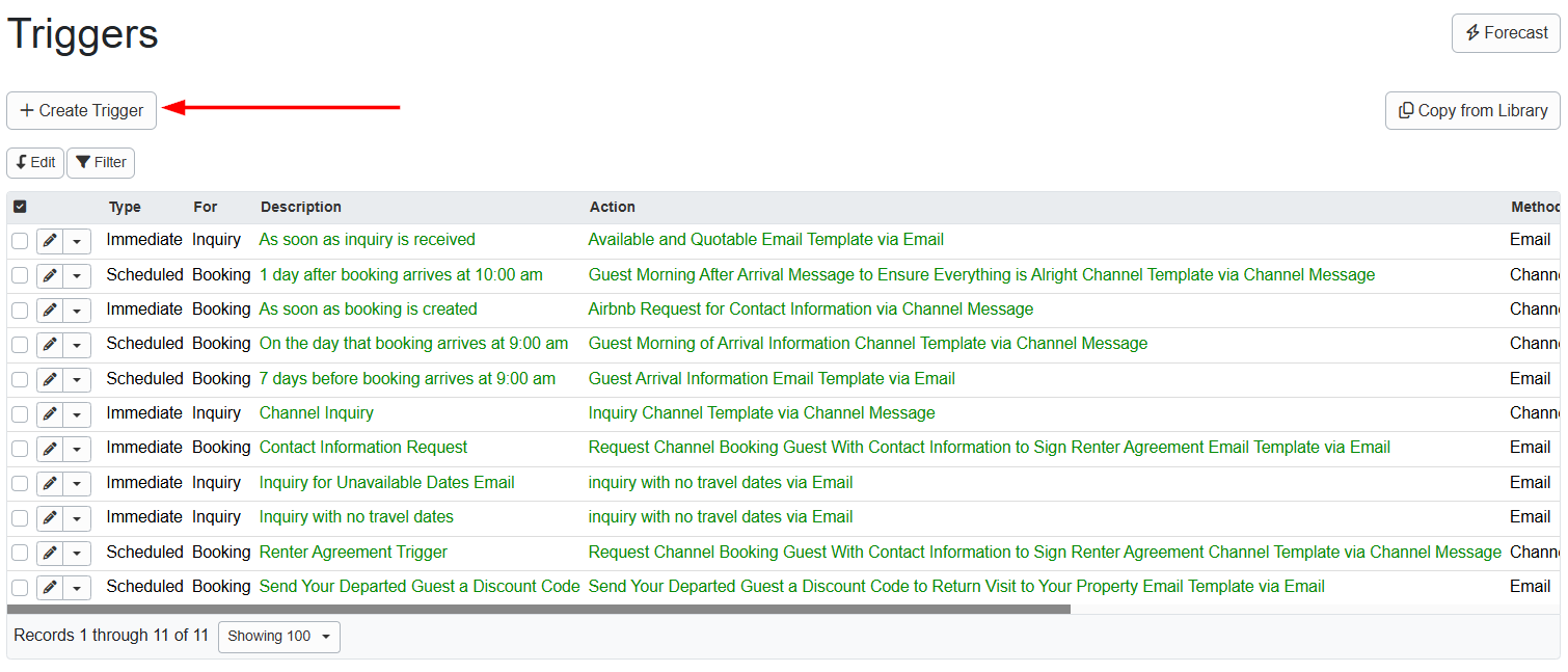 To create a trigger, navigate to Settings - Messaging - Triggers - + Create Trigger.