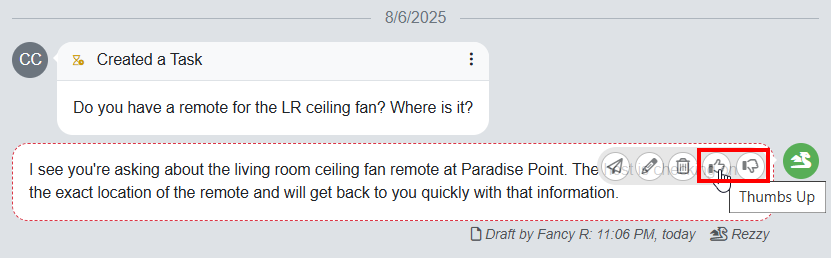 You can provide feedback for Rezzy's draft by hovering over a Unified Inbox draft and clicking on the thumbs up or down.