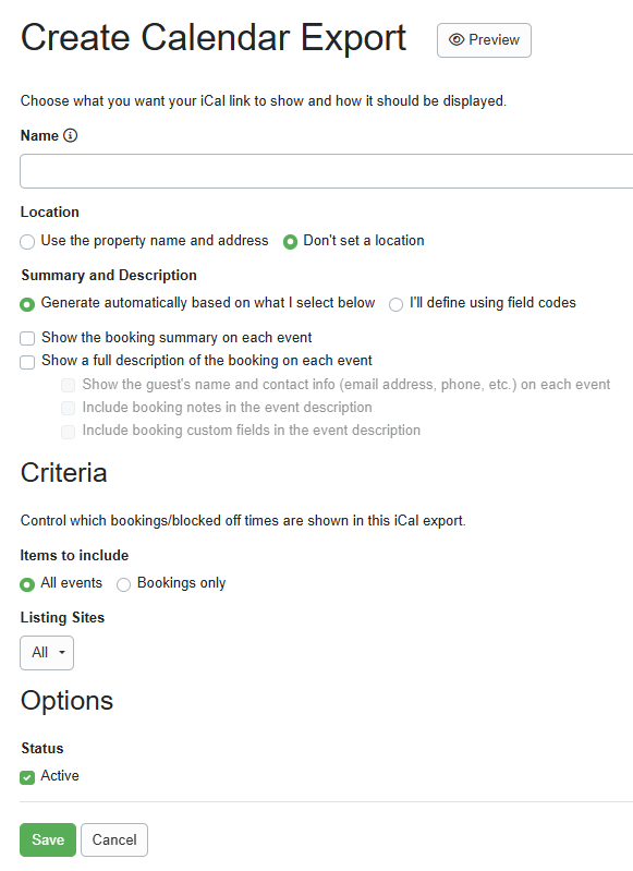 Select all the parameters you would like to set for this custom iCal, then click save.