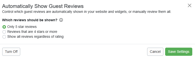 On the Automatically Show Guest Reviews page, you can select which Guest Reviews you want automatically displayed on your Hosted Website as soon as they are received. Make your selection, and click Save Settings.