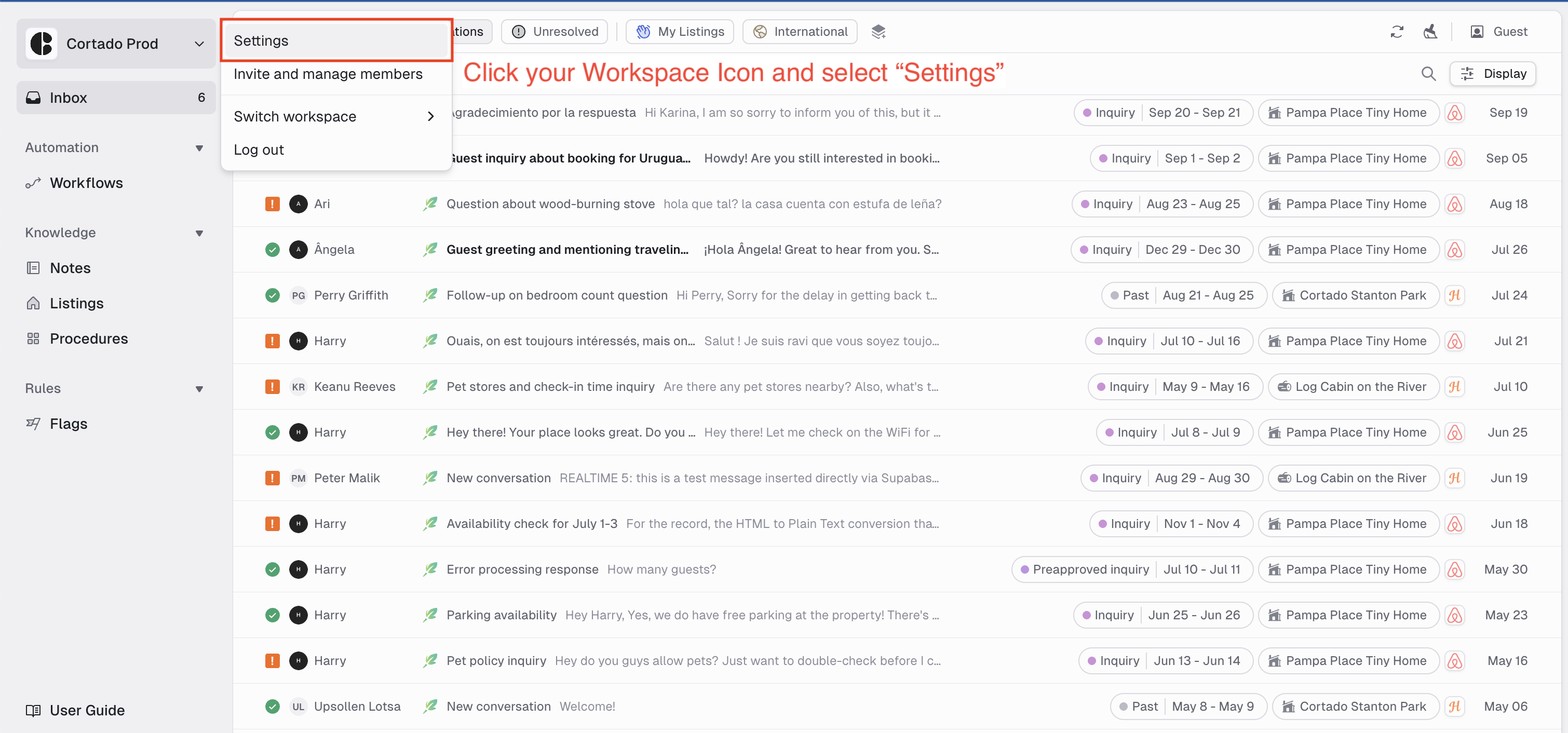 In Cortado, navigate to your Workspace icon and select Settings.