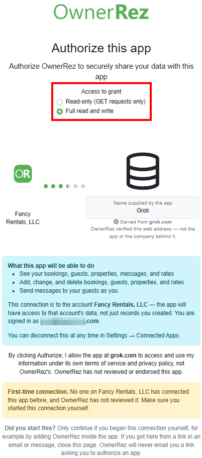 In the Authorize this app pop-up, you will see the authorization to connect your account to Grok. Choose the access level to grant: Full read and write is selected by default, so Grok can answer questions and make changes. Choose Read-only (GET requests only) if you want Grok to answer questions without making changes.