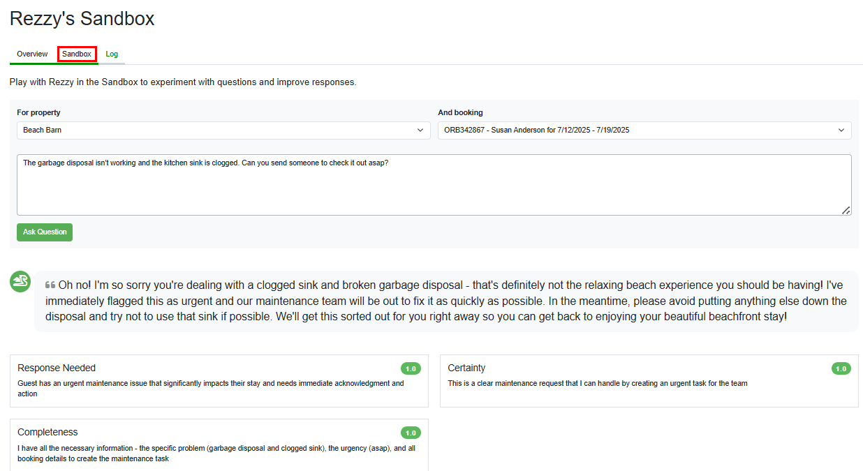 Play with Rezzy in the Sandbox to experiment with questions and improve responses by clicking the Sandbox tab.