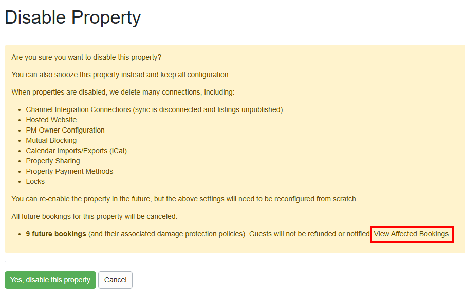 When disabling a property, OwnerRez has added a link to view the affected bookings.