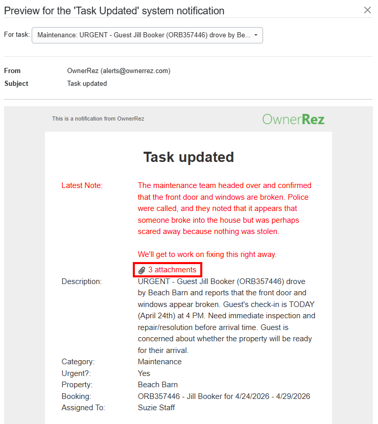 Email notifications for new Task notes display attachment counts.
