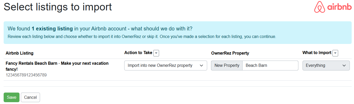 If Import into new OwnerRez property is selected, enter the name of your new property in the OwnerRez Property field. When Import into new OwnerRez property is selected, the What to Import field defaults to Everything, which includes all property content, rates, rules, availability, quotes, bookings, and reviews (and any other information that can be synced), and will be synced between Airbnb and OwnerRez for this property.