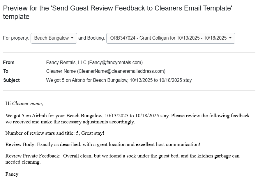 Send Guest Review Feedback to Cleaners Email Template Preview