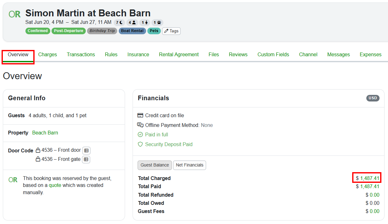 On the individual Booking > Overview > Financial > Guest Balance page, copy the Total Charged amount.