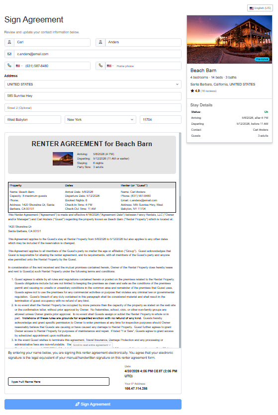 Users can see this new&nbsp;Rental Agreement guest form in action by navigating to a specific Booking > Legal > Request e-Signature, selecting an agreement from the dropdown list, and, on the Request an e-Signature from Guest Name, clicking Preview.