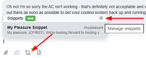 In the Inbox, hosts can import Snippets from existing Templates by clicking the Snippets icon,&nbsp;then clicking the Manage Snippets gear icon in the upper-right corner.