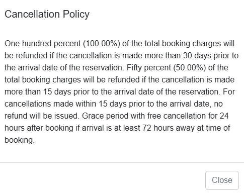 When guests click the View Details link in the Cancellation Policy section, a pop-up appears with detailed cancellation information.