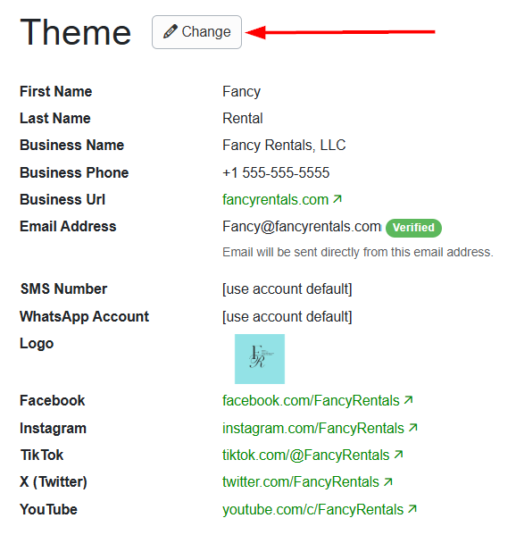 Users can customize individual themes by selecting the specific Theme > Change allowing users to change&nbsp;the contact information used for that particular theme and presented to the guests - names, business phone numbers, contact information, logos, etc.&nbsp;Be sure to Save your changes.