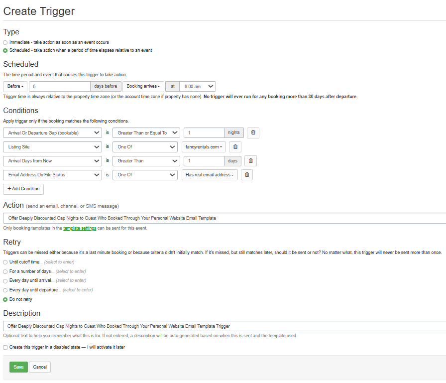 Offer Deeply Discounted Gap Nights to Guest Who Booked Through Your Personal Website Email Template Trigger Example