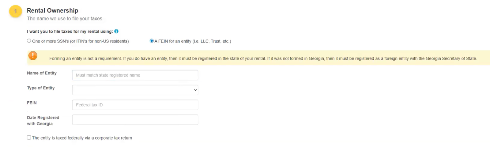 &nbsp;You will need to enter your Social Security Number (SSN) or FEIN for an entity and enter the personal information of the manager/managing member/or member for taxpayer details. After filling out the forms, click SAVE.