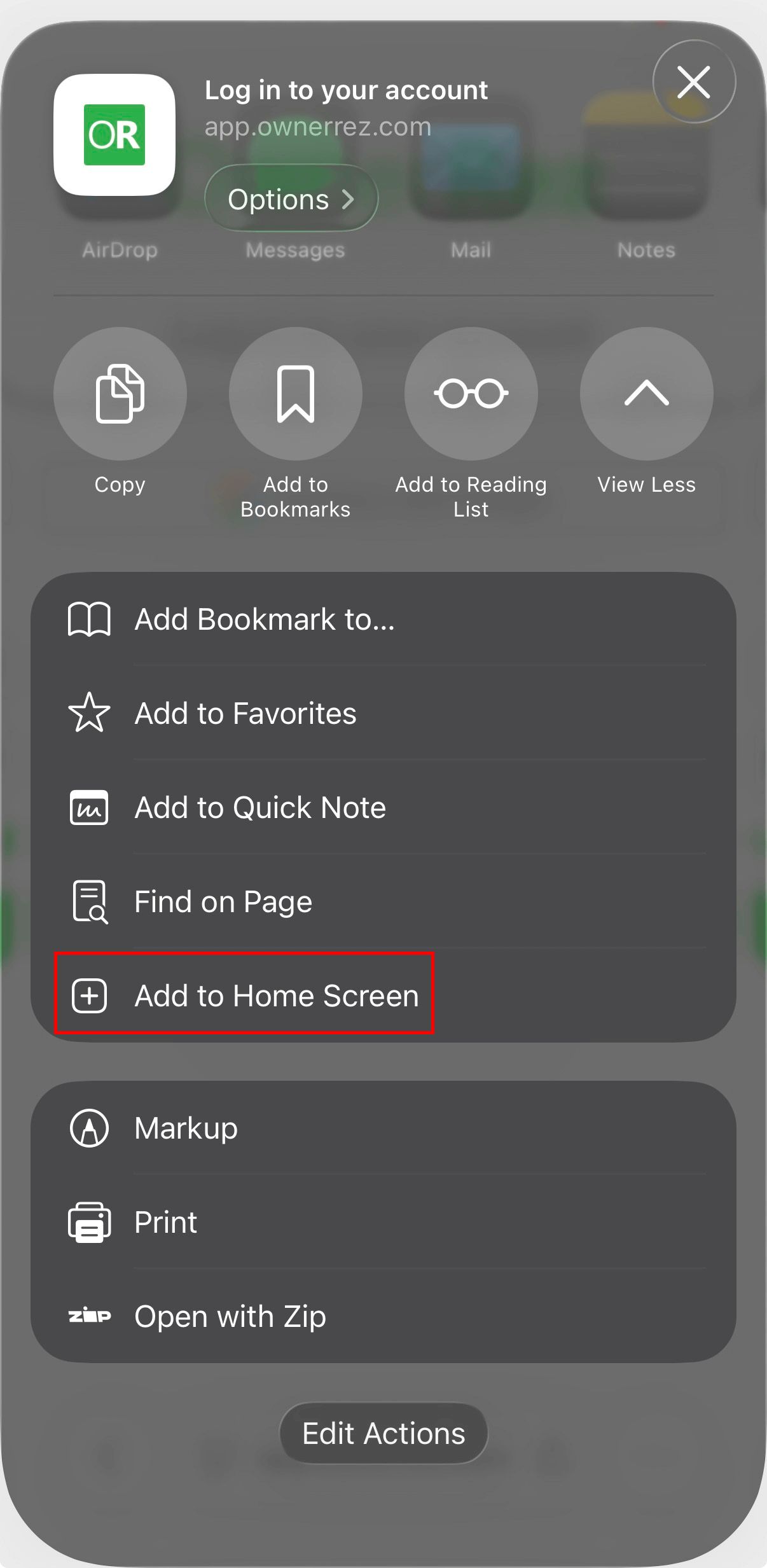 3. Select the Add to Home Screen option.