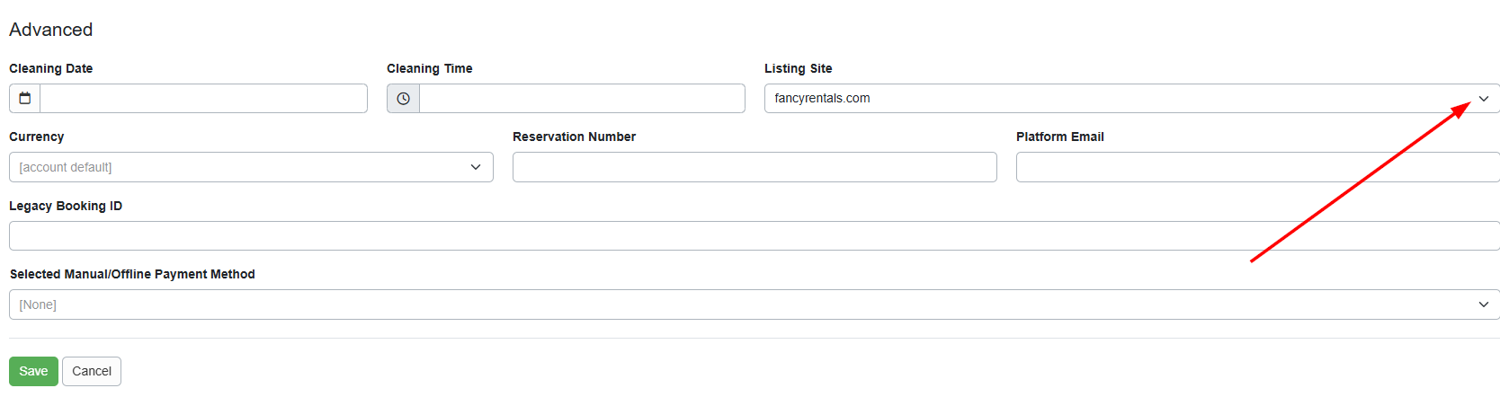 Got a booking that is not attributed to one of your Custom Sources? No problem! You can change that in the individual booking by following the instructions to change a booking. In the Advanced > Listing Site dropdown list, select the Custom Source.