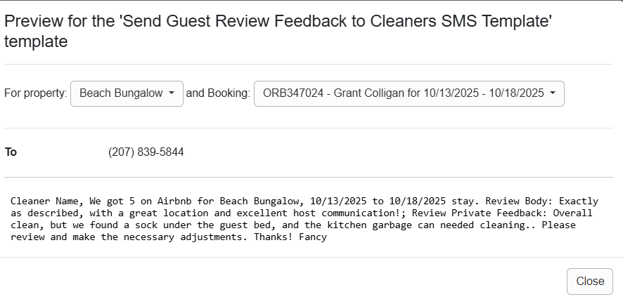Send Guest Review Feedback to Cleaners SMS Template Preview