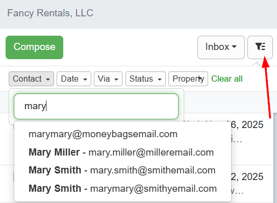 Users can filter Unified Inbox guest messages by clicking on the filter icon, which&nbsp;opens the filter options, including search guest contact, date, message type, booking status, and property.