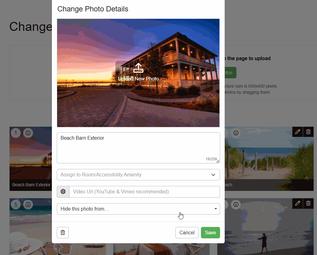 To exclude photos from&nbsp;specific listing channels, navigate to Properties&nbsp;&rarr; your specific Property&nbsp;&rarr; Listing Content&nbsp;&rarr; Photos, click on the editing pencil icon, and on the Change Photo Details pop-up, select which listing channels you want to exclude the photo from in the Hide this photo from dropdown list. After you save your selections, you'll be able to hover over the photo to see which channels it's hidden from.