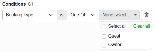 You can configure your discount to apply only to guests or owners by adding Conditions > Applicability > Booking Type > One Of, then selecting&nbsp;either Guest or Owner.