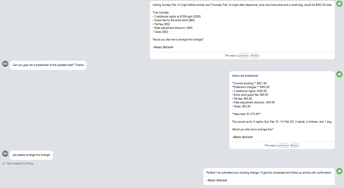 OwnerRez amped up Rezzy's capabilities to provide accurate pricing quotes directly in the Unified Inbox for potential new and modifying existing reservations, including rent, surcharges, discounts, and taxes, as well as&nbsp;channel-specific rate adjustments.