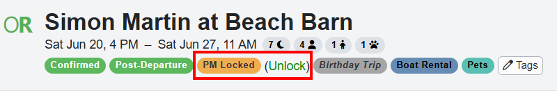 After PM Lock is turned on, the booking will show indicators for it in several places.&nbsp; On the booking overview page, the Booking Header will display a PM Locked label when the PM lock is enabled. There's a handy 
