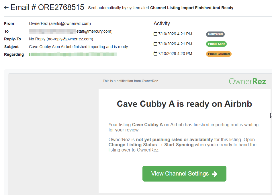 To remind hosts to complete their channel integrations, system notifications are sent when a listing finishes importing and is ready to go live.