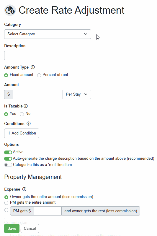 From the Category dropdown list, select the type of surcharge or fee. Your category selection automatically populates your Description field, but you can still edit it to something more appropriate.