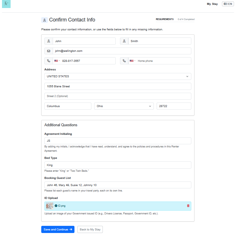 When guests click Get Started, they'll be taken to the first required section, which in this case is to confirm their contact information (e.g., phone, address, city, state, zip). Some fields will be prefilled with the information OwnerRez already has. Any custom field requirements will be included in the Additional Questions section.