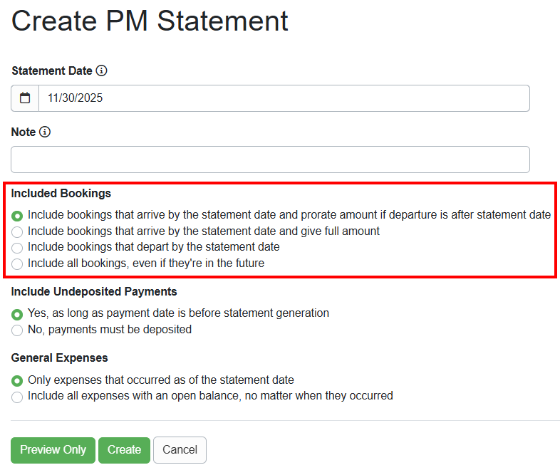  In OwnerRez's upgraded Property Management v2 (PMv2), booking expenses are included based on the Include Bookings proration option, simplifying PM statement creation by removing unnecessary configuration options.