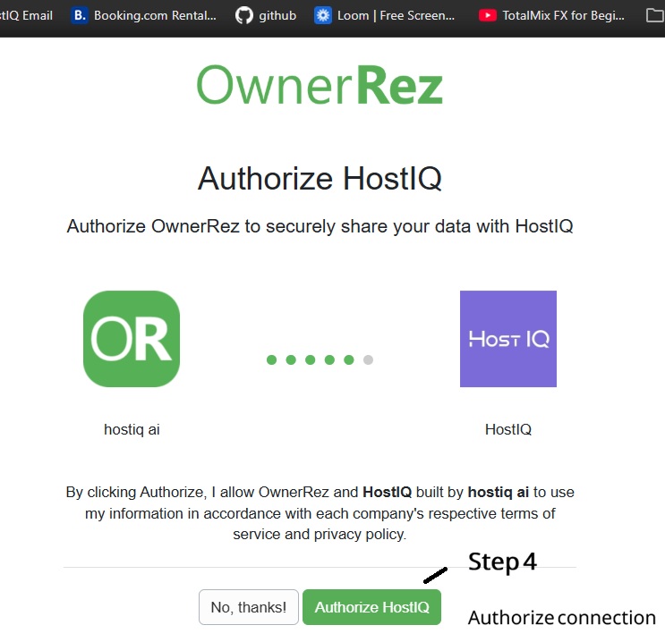 Authorize Host IQ to share data with OwnerRez.