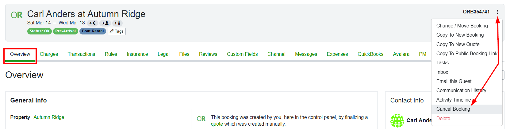 Navigate to the&nbsp;booking overview tab, click the upper-right kebab menu, and select Cancel Booking from the dropdown list.