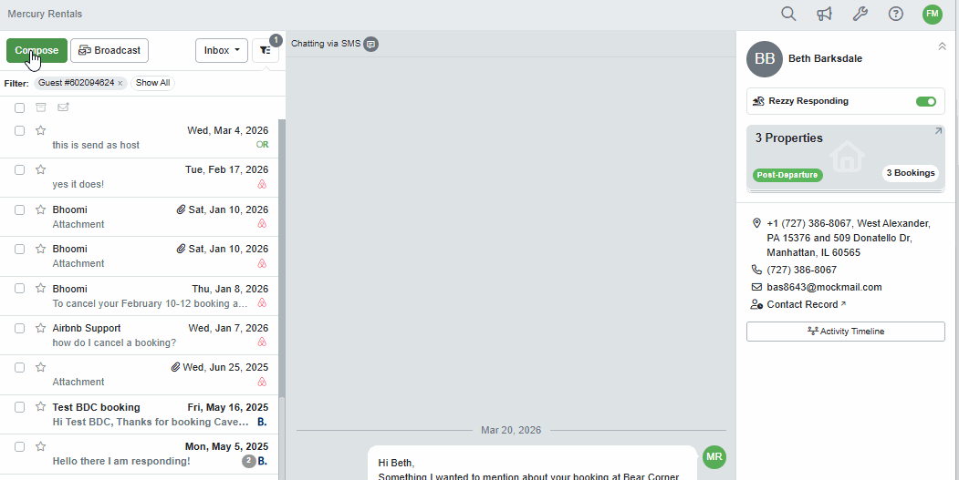We enhanced the Unified Inbox and Booking Overview Compose experience, which now opens a pop-up that allows you to easily search for contacts, add new ones, update existing contacts, and select messaging channels (e.g., Airbnb, Booking.com, Vrbo, SMS). This makes it simpler to start conversations and manage your contacts directly from the Booking Overview for individual guests or from the Unified Inbox, as part of our March 25th release.