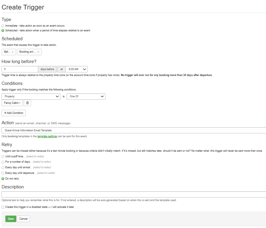 Create a trigger to send guest arrival information for Fancy Cabin guests 5 days before their arrival.