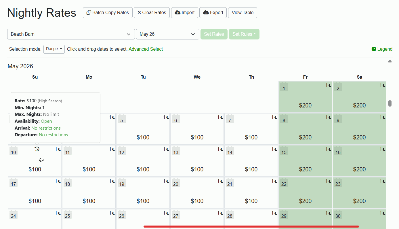 Nightly Rates Selection Mode