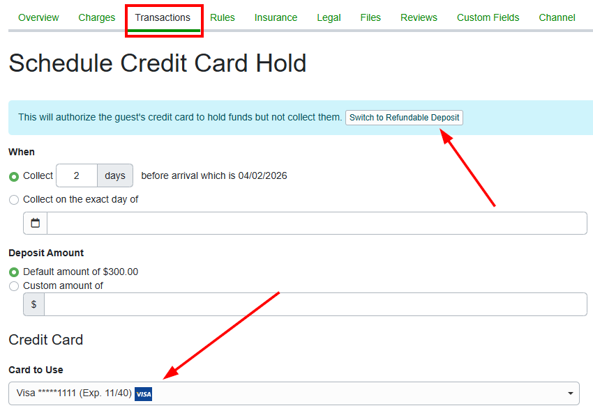 On the Schedule Credit Card Hold page, you can switch to a Refundable Deposit (RDD), determine the Deposit Amount, and When to collect it. You can also choose which guest credit card to use or Enter a new card. Click Save.
