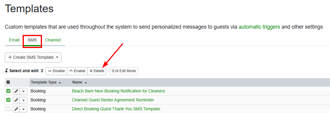 Delete&nbsp;SMS templates by navigating to Settings > Messaging > Templates > the SMS tab, selecting the template you wish to delete, and clicking on the&nbsp;Delete&nbsp;button.