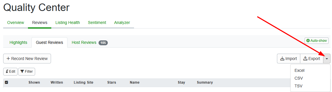 At the top left of the Guest Reviews grid, click the Export button, then select the file format you want to download.
