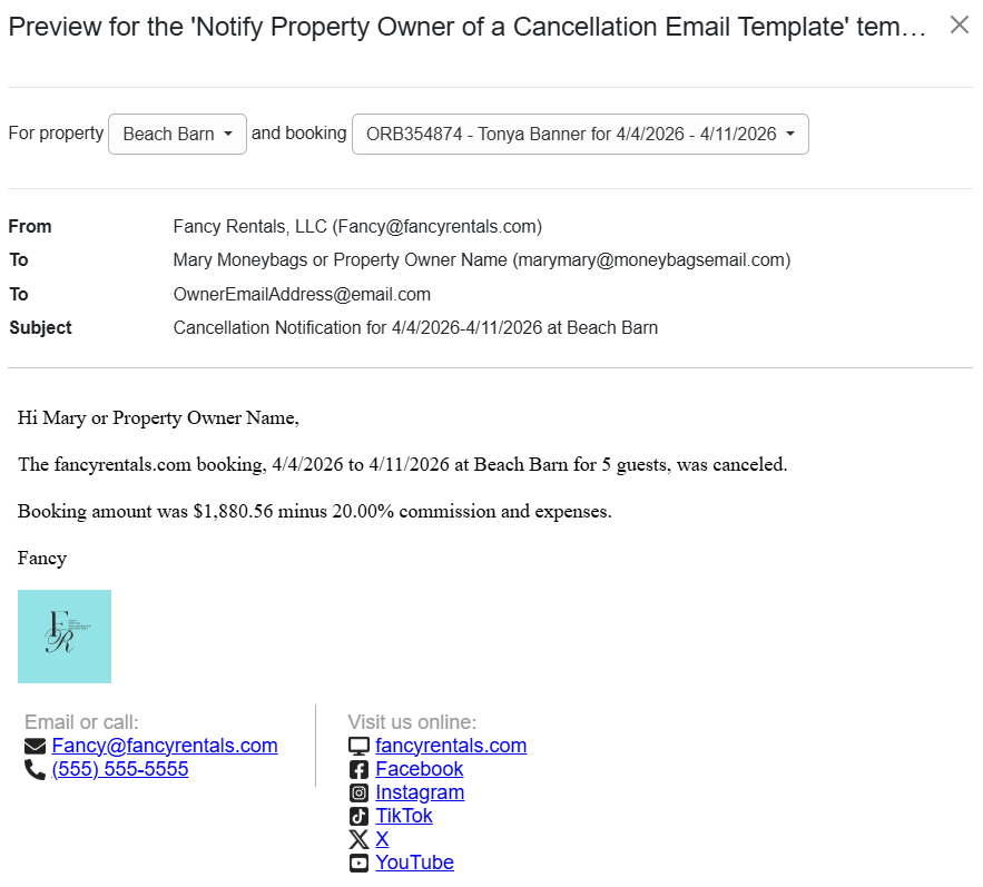 Notify Property Owner of a Cancellation Email Template Preview Example