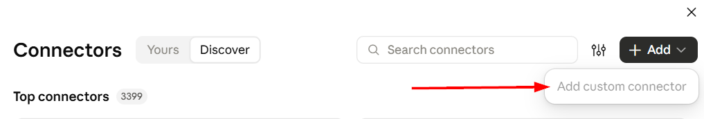 Add a custom connector by clicking the + Add button, then Add Custom Connector.