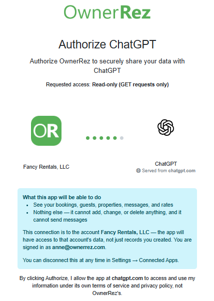 If or when prompted, select Connect or log in to OwnerRez to authorize ChatGPT to securely share your data.