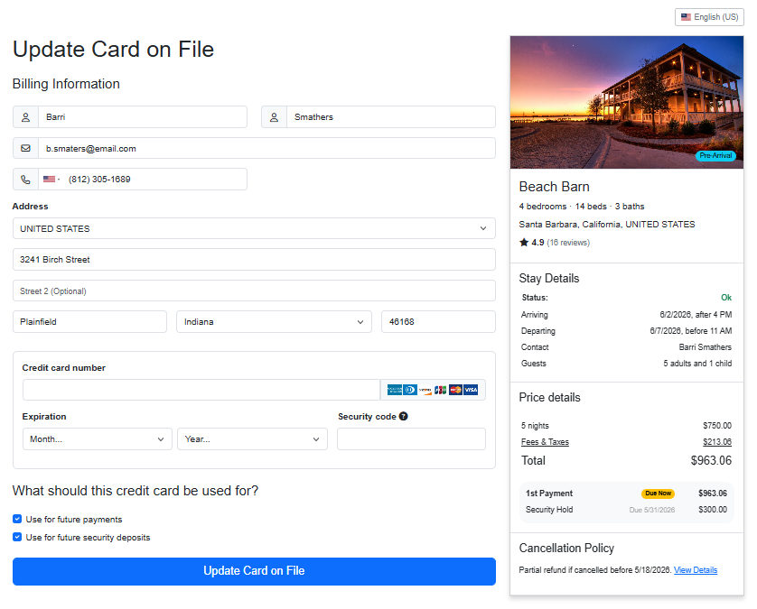 To see this new guest form in action, navigate to an individual Booking > Transactions > Request > Request New Credit Card > Request new credit card from Guest Name > Preview.